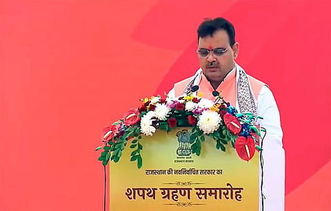 BJP leader Bhajan Lal Sharma takes oath as Rajasthan Chief Minister during his swearing-in ceremony. (Photo | PTI)