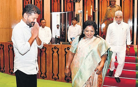 Chief Minister A Revanth Reddy greets Governor Tamilisai Soundararajan as she leaves after addressing the joint session of the Telangana Legislature, in Hyderabad on Friday