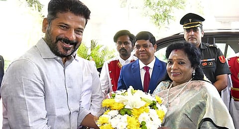 elangana Governor Tamilisai Soundararajan being welcomed by the state Chief Minister Revanth Reddy on her arrival to address the Telangana Assembly, in Hyderabad, Friday, Dec. 15, 2023. (PTI Photo)