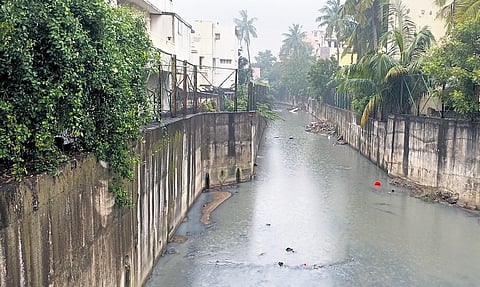 Width of the Manapakkam canal that runs from Porur lake to the Adyar gets reduced in many places along the stretch. (Photo | Express)