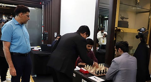 Viswanathan Anand overlooking the proceedings on Saturday. (Photo | D Sampathkumar)