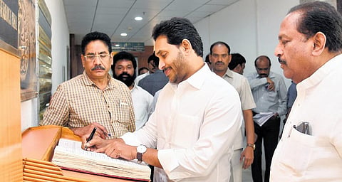 Chief Minister YS Jagan Mohan Reddy attends the Cabinet meeting at the State Secretariat in Velagapudi on Friday I Express