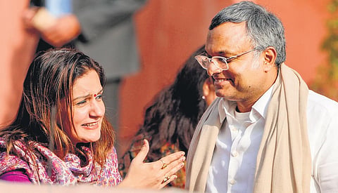 Shiv Sena MP Priyanka Chaturvedi and Congress MP Karti Chidambaram during the winter session of Parliament in New Delhi on Friday  | PTI