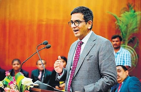 Chief Justice of India D Y Chandrachud speaks after launching e-initiatives of Karnataka High Court on Saturday.