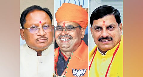 Chhattisgarh CM Vishnu Deo Sai, Rajasthan CM Bhajan Lal Sharma and Madhya Pradesh CM Mohan Yadav. (Photo | Express)