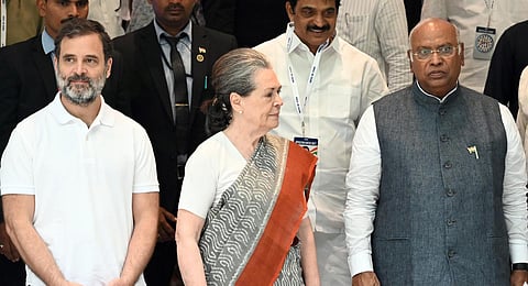 FILE - (From L to R) Former Congress presidents Rahul Gandhi and Sonia Gandhi with current party chief Mallikarjun Kharge. (Photo | PTI)