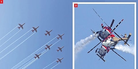 IAF Surya Kiran aerobatic team performs during the combined graduation parade at the Air Force Academy in Dundigal, on the outskirts of Hyderabad  IAF Sarang helicopters showcasing aerobatics | Sri L
