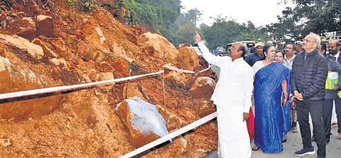 Highway minister EV Velu inspecting Nandhagopal bridge near Coonoor, where a landslip occurred due to the recent rain