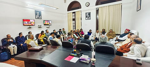 Congress President and Leader of the Opposition in Rajya Sabha Mallikarjun Kharge in a meeting with other opposition leaders at his chamber in Parliament, Monday, Dec. 18, 2023. (PTI Photo)