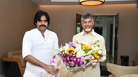 Jana Sena Party chief Pawan Kalyan with TDP supremo N Chandrababu Naidu. 