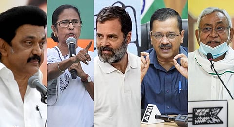 (From L to R) DMK leader MK Stalin, West Bengal CM Mamata Banerjee, Congress leader Rahul Gandhi, Delhi CM Arvind Kejriwal and Bihar CM Nitish Kumar. (Photo | PTI)