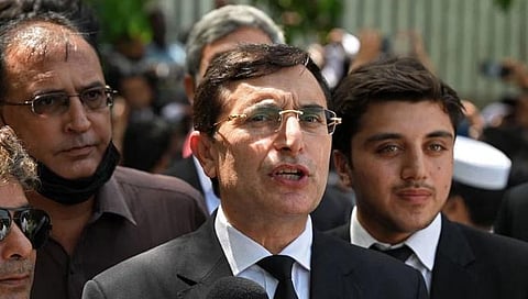 Newly-elected PTI Chairman Gohar Khan talks to the media as he arrives to attend a hearing at the High Court in Islamabad on August 29, 2023. (Photo | AFP)