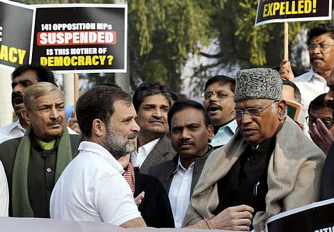 Congress leaders Mallikarjun Kharge and Rahul Gandhi  during a protest over the suspension of MPs amid the Winter session of Parliament, in New Delhi on Wednesday, December 20, 2023. (Photo | PTI)