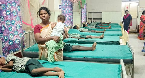 Sirumayankudi Govt primary school students getting treatment at Lalgudi GH for vomiting and stomach illness, after consuming breakfast served under the CM’s breakfast scheme | Express