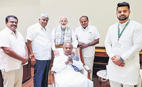 Prime Minister Narendra Modi with former prime minister HD Deve Gowda, JDS state president HD Kumaraswamy, former minister HD Revanna, and JDS MP Prajwal Revanna at the PMO in New Delhi on Thursday.