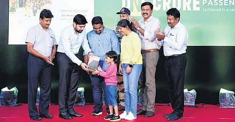 CIAL managing director S Suhas presenting a memento to Leyah Rinosh, who became the 10 millionth passenger of Kochi airport on Thursday