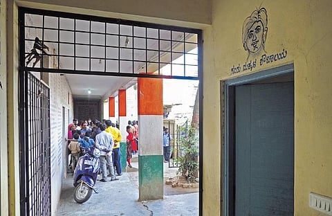 Parents of students of Andrahalli Government School protest after video of students  forced to clean toilets went viral, in Bengaluru on Friday  | Allen Egenuse J