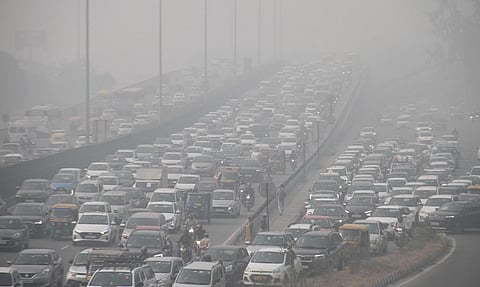 Vehicles stuck in a traffic jam on Delhi-Gurugram Expressway amid low visibility due to smog, in Gurugram, Thursday, Nov. 16, 2023. (File |PTI)