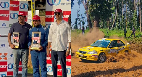 Abhin Rai (centre) awarded the Rising Star trophy at Kodagu;  Abhin Rai in action during the INRC rally.  (Photo | Express)