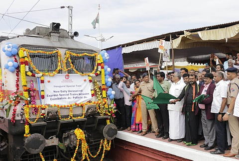 Union Minister of State for Information and Broadcasting L Murugan flags off new daily train services between Coimbatore and Pollachi railway stations on Dec 24, 2023 | Express