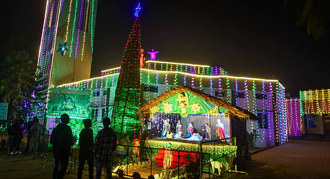 People from the Christian community thronged  Our Lady of Most Holy Rosary Cathedral Church for Christmas in Cuttack on Sunday night. (Express Photo | Debdatta Mallick)