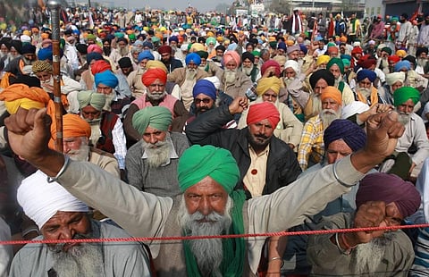 Farmers shout slogans during their ongoing Delhi Chalo protest. (Photo | Shekhar Yadav, EPS)