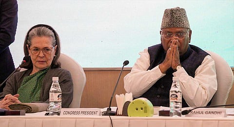 Congress President Mallikarjun with party leader Sonia Gandhi. (PTI)