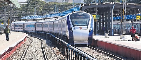The Coimbatore-Bengaluru Vande Bharat Express enters Bengaluru Cantonment as part of its trial run, on Wednesday   | Vinod Kumar T