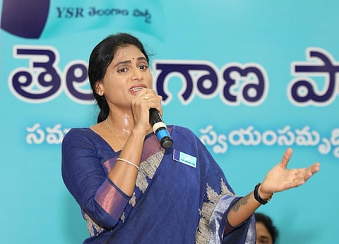 YS Sharmila addresses YSRTP workers in Hyderabad. (Photo | Express)