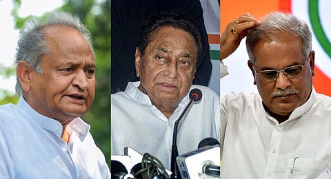 (L to R) Outgoing Rajasthan CM Ashok Gehlot, MP Congress chief Kamal Nath and outgoing Chhattisgarh CM Bhupesh Baghel. (Photo | PTI)