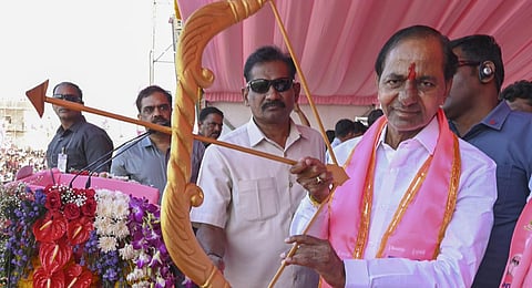 FILE - BRS president K Chandrashekar Rao during 'Praja Ashirvada Sabha' ahead of Telangana Assembly elections, in Gajwel, Nov. 28, 2023. (PTI Photo)
