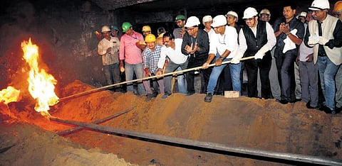 RINL CMD Atul Bhatt lighting up the Blast Furnace-3 at Visakhapatnam  Steel Plant on Saturday. (Photo | express)