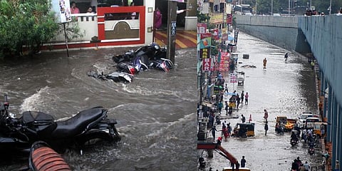 Strong winds and downpour hit paddy crop at Nunna near Vijayawada; Heavy rainfall led to inundation of several streets in Visakhapatnam;  A biker being rescued by a crane in Nellore district on Tuesda