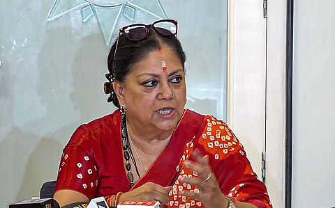 FILE - BJP leader and former Rajasthan CM Vasundhara Raje Scindia addresses a press conference in Jaipur, Sunday, Dec. 3, 2023. (PTI Photo)