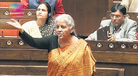 Union Finance Minister Nirmala Sitharaman speaks in the Rajya Sabha during the Winter session of Parliament in New Delhi on Tuesday  | PTI
