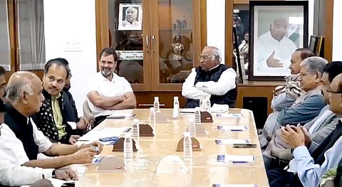 Opposition leaders of the Indian National Developmental Inclusive Alliance (INDIA) meet at AICC president Mallikarjun Kharge's residence, in New Delhi, Wednesday, Dec. 6, 2023. (PTI Photo)