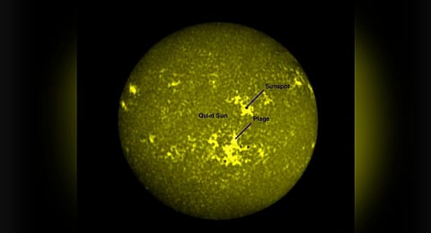 Full-disk images of the Sun in near ultraviolet wavelengths captured by Aditya L1. (Photo | ISRO)