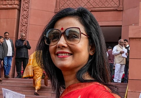 TMC MP Mahua Moitra on the first day of the Winter session of Parliament, in New Delhi, Monday, Dec. 4, 2023. (PTI)