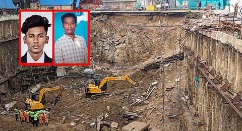 Rescue operation underway after the structure caved in at a construction site, on the Five Furlong Road-Velachery Main Road junction; 20-year-old S Naresh and 32-year-old Jayaseelan. (Photo | Express)