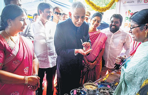 Governor S Abdul Nazeer takes part in the Viksit Bharat Sankalp Yatra programme at Tummalapalli Kalakshetram in Vijayawada on Thursday I Prasant Madugula
