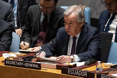 UN Secretary-General Antonio Guterres speaks during a United Nations Security Council meeting on Gaza, at UN headquarters in New York City on December 8, 2023. (Photo | AFP)