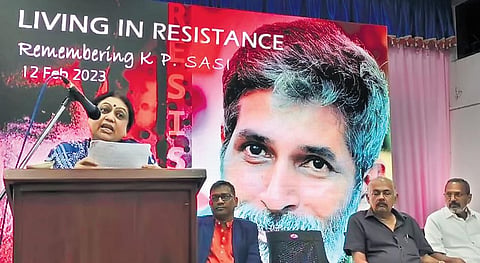 Shweta Sanjiv Bhatt speaking at ‘Living in Resistance’, a function held in remembrance of filmmaker and activist K P Sasi , at Achutha Menon Hall in Kochi on Sunday  | Express
