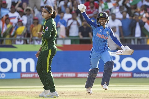 India's Jemimah Rodrigues, right, celebrates her 50 and the winning runs against Pakistan, during the Women's T20 World Cup cricket match in Cape Town, South Africa, Feb. 12, 2023. (Photo | AP/)