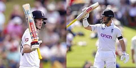 England's Harry Brook (L) and Ben Duckett raise their bats after scoring a half-century on day one of the first Test against New Zealand in Tauranga, Feb. 16, 2023. (Photo | AP)