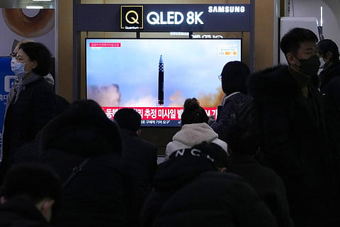 A TV screen shows a file image of North Korea's missile launch during a news program at the Seoul Railway Station in Seoul, South Korea, Saturday, Feb. 18. 2023.  (Photo | AP)