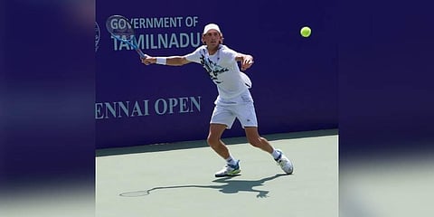 Max Purcell in action against James  Duckworth in the quarterfinals