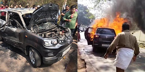 The car caught fire as the family while the family travelling to the hospital. (Photo | Special arrangement)