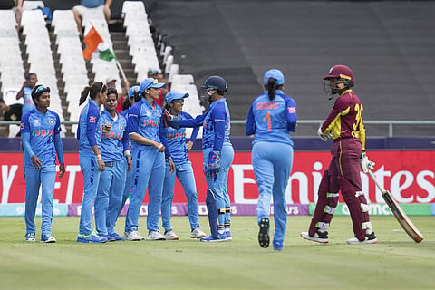 India celebrate a wicket of West Indies batter during the Women's T20 World Cup cricket match in Cape Town, South Africa. (Photo | AP)