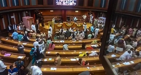 Ruckus between BJP & AAP members inside the MCD house over the election of members of the standing committee at Civic Centre in New Delhi,  Feb. 22, 2023. (Photo |PTI)