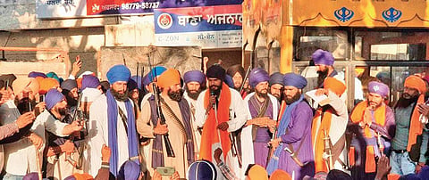 Supporters of pro-Khalistan activist Amritpal Singh protesting outside Ajnala police station in Amritsar on Thursday | Express